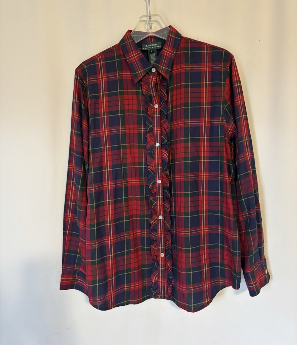 Ralph Lauren LRL Button Up Shirt Large Womens Plaid Check Red Cotton
